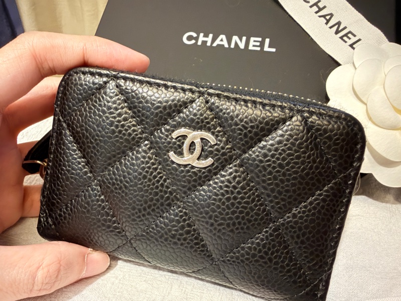 Chanel 經典荔枝皮黑金拉鍊零錢包｜全配｜近新 AP0216-4