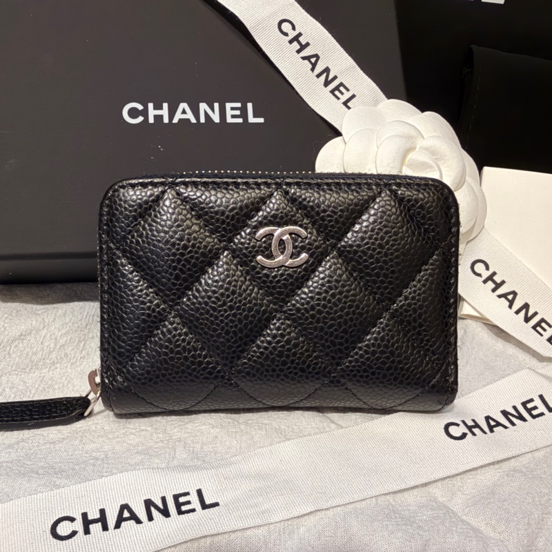 Chanel 經典荔枝皮黑金拉鍊零錢包｜全配｜近新 AP0216-7