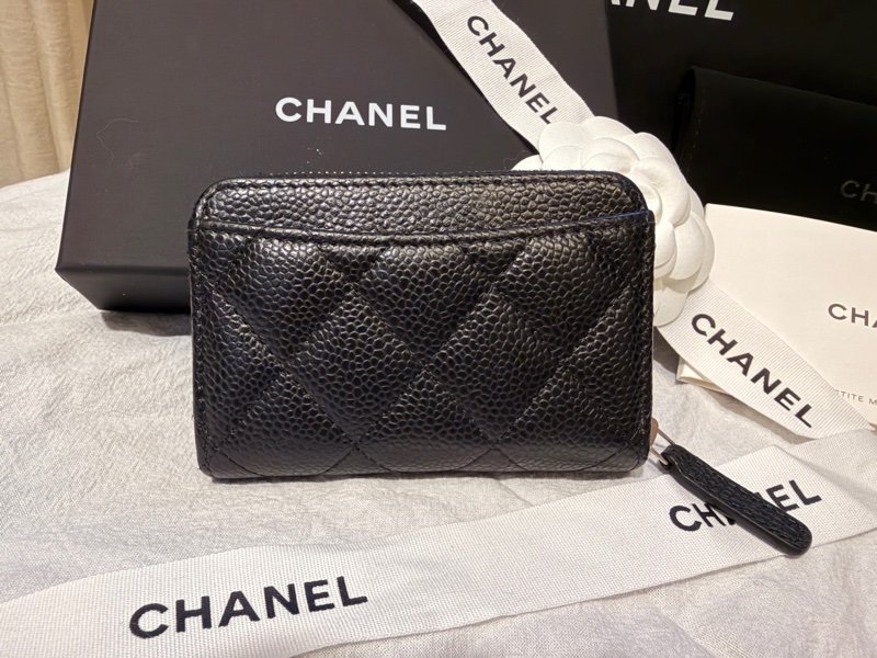 Chanel 經典荔枝皮黑金拉鍊零錢包｜全配｜近新 AP0216-8