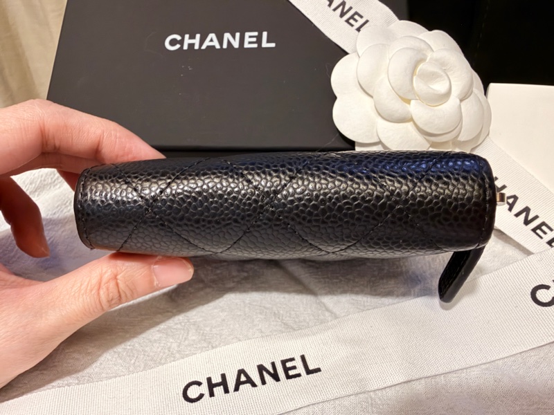Chanel 經典荔枝皮黑金拉鍊零錢包｜全配｜近新 AP0216-10