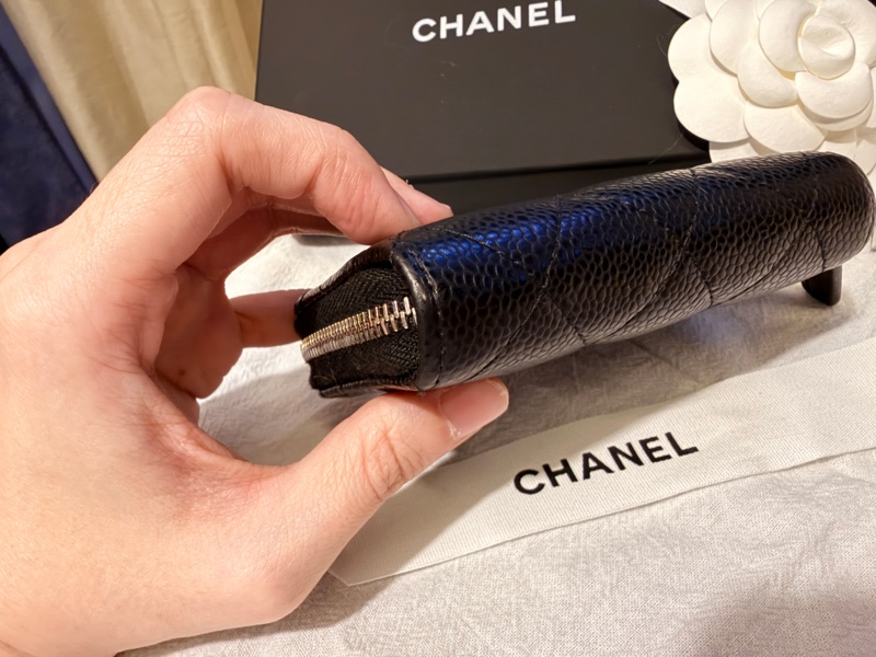 Chanel 經典荔枝皮黑金拉鍊零錢包｜全配｜近新 AP0216-11