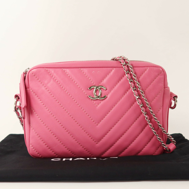 CHANEL 羊皮皮革Chain Shoulder銀扣鏈帶肩背袋-9