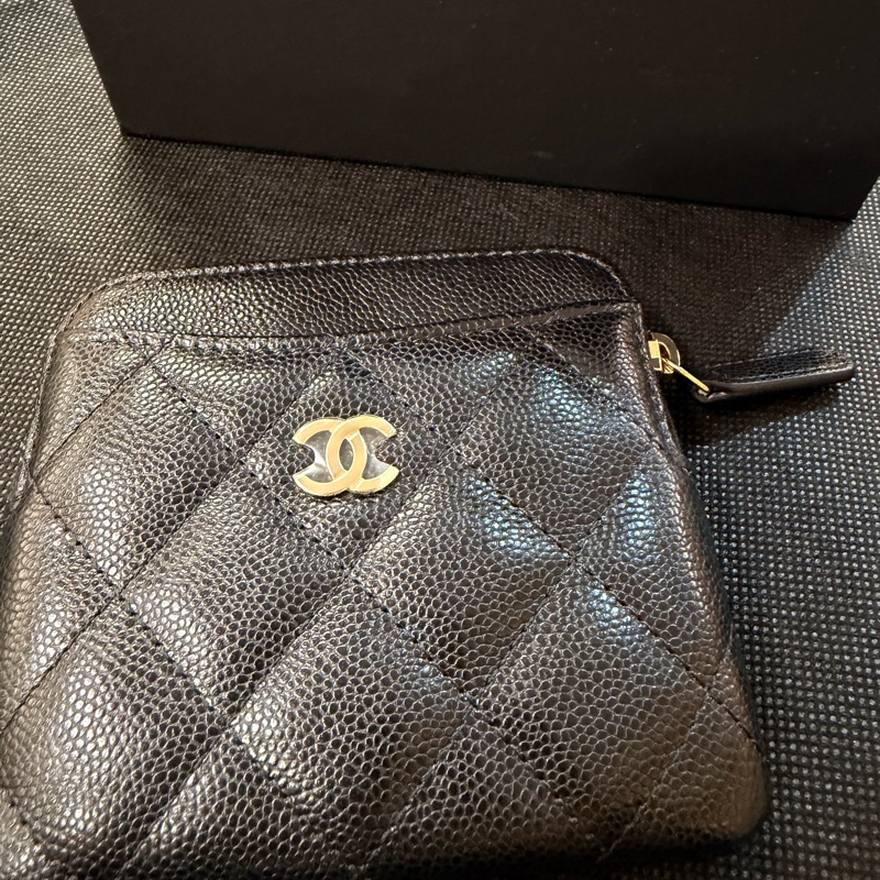 全新Chanel 黑荔枝牛皮淡金釦小吐司零錢包-4