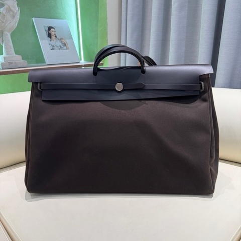 HERMES愛馬仕 Herbag Zip 50 銀扣 帆布拼Hunter牛皮 單肩斜挎手提包 50 男女同款情侶款 深古銅色/烏木色 Y刻 子袋/鑰匙掛/鎖/內膽 。