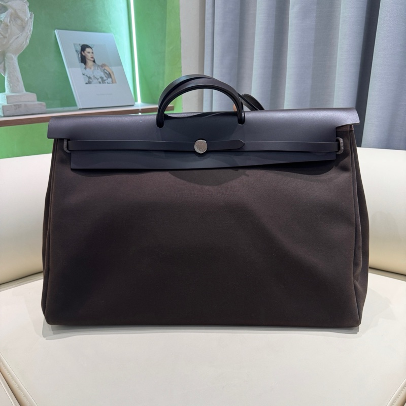 HERMES愛馬仕 Herbag Zip 50 銀扣 帆布拼Hunter牛皮 單肩斜挎手提包 50 男女同款情侶款 深古銅色/烏木色 Y刻 子袋/鑰匙掛/鎖/內膽 。-0