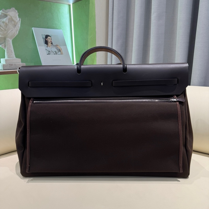 HERMES愛馬仕 Herbag Zip 50 銀扣 帆布拼Hunter牛皮 單肩斜挎手提包 50 男女同款情侶款 深古銅色/烏木色 Y刻 子袋/鑰匙掛/鎖/內膽 。-1