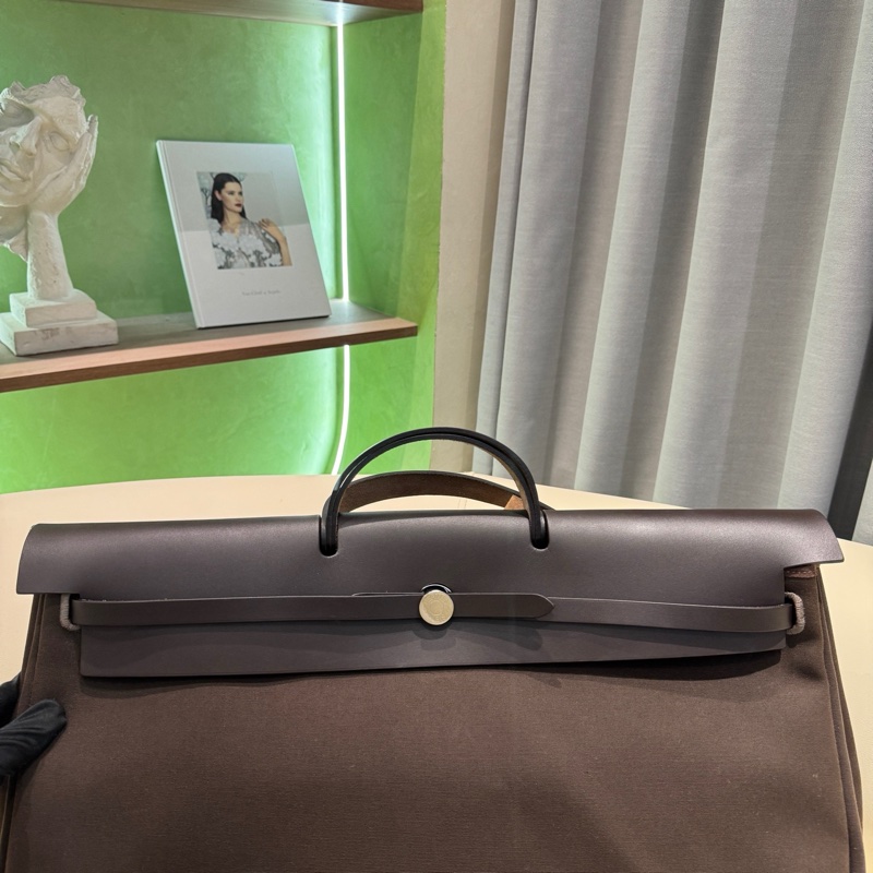 HERMES愛馬仕 Herbag Zip 50 銀扣 帆布拼Hunter牛皮 單肩斜挎手提包 50 男女同款情侶款 深古銅色/烏木色 Y刻 子袋/鑰匙掛/鎖/內膽 。-2