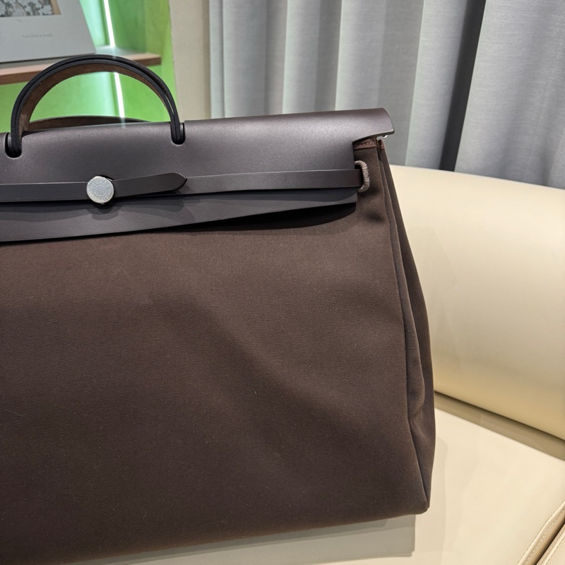 HERMES愛馬仕 Herbag Zip 50 銀扣 帆布拼Hunter牛皮 單肩斜挎手提包 50 男女同款情侶款 深古銅色/烏木色 Y刻 子袋/鑰匙掛/鎖/內膽 。-5