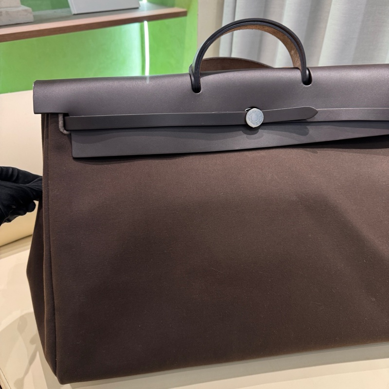 HERMES愛馬仕 Herbag Zip 50 銀扣 帆布拼Hunter牛皮 單肩斜挎手提包 50 男女同款情侶款 深古銅色/烏木色 Y刻 子袋/鑰匙掛/鎖/內膽 。-6