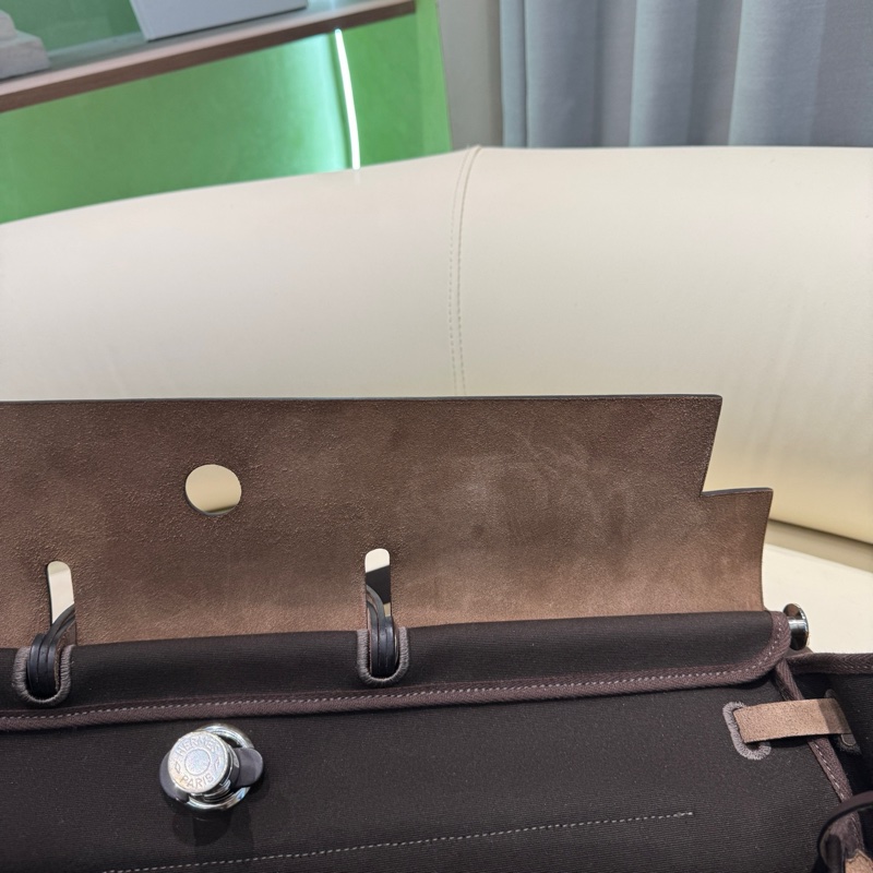 HERMES愛馬仕 Herbag Zip 50 銀扣 帆布拼Hunter牛皮 單肩斜挎手提包 50 男女同款情侶款 深古銅色/烏木色 Y刻 子袋/鑰匙掛/鎖/內膽 。-9