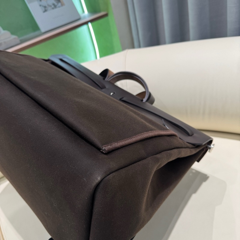 HERMES愛馬仕 Herbag Zip 50 銀扣 帆布拼Hunter牛皮 單肩斜挎手提包 50 男女同款情侶款 深古銅色/烏木色 Y刻 子袋/鑰匙掛/鎖/內膽 。-13