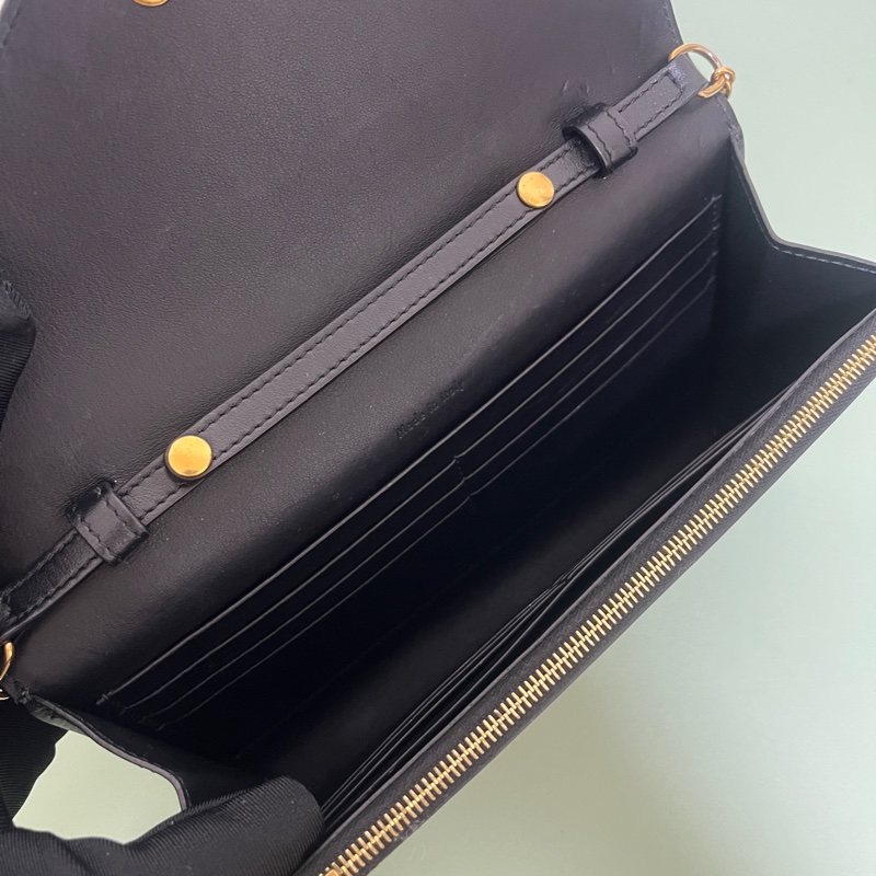 Celine 賽琳 黑色牛皮拼玫粉色WOC鏈帶錢包肩背包斜背包-15