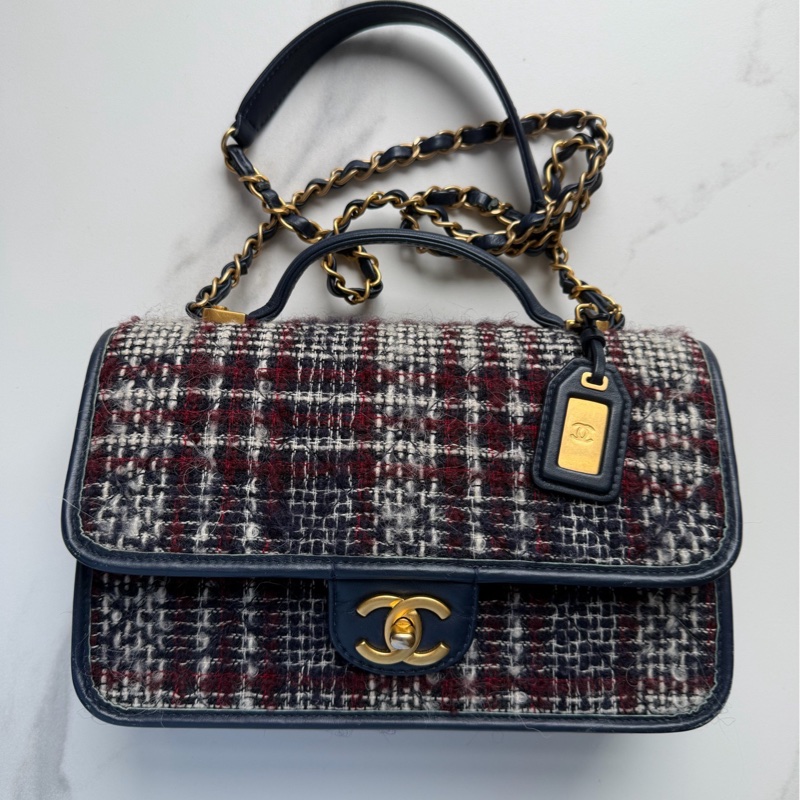 22年芯片款、CHANEL/香奈兒、22K秋冬、雙C、Logo皮穿鏈肩帶、羊毛斜紋軟呢金屬、口蓋包鏈-0