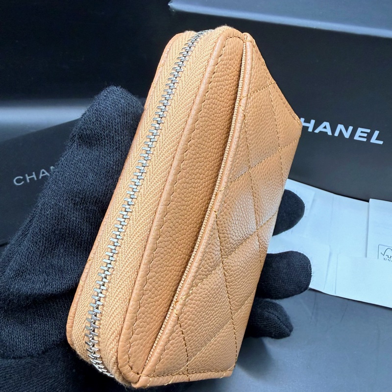 【閒置正品】CHANEL香奈兒✨淡焦糖米色荔枝牛皮x銀LOGO✨ㄇ字經典菱格 拉鍊零錢包 卡包（晶片款）-6