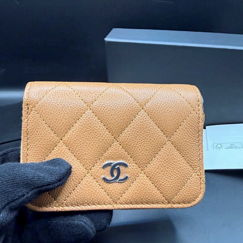 【閒置正品】CHANEL香奈兒✨淡焦糖米色荔枝牛皮x銀LOGO✨ㄇ字經典菱格 拉鍊零錢包 卡包（晶片款）-7