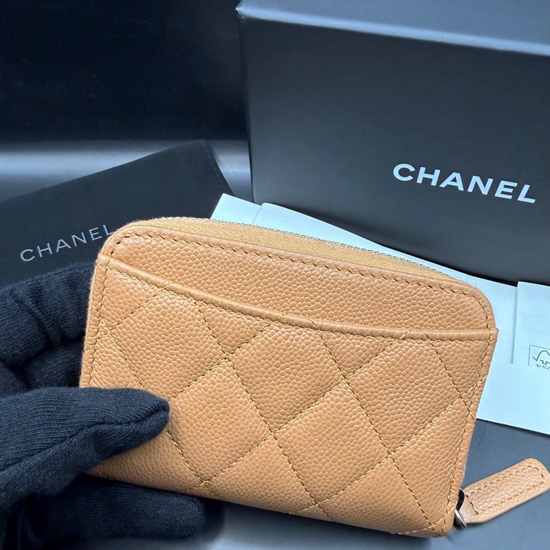 【閒置正品】CHANEL香奈兒✨淡焦糖米色荔枝牛皮x銀LOGO✨ㄇ字經典菱格 拉鍊零錢包 卡包（晶片款）-8