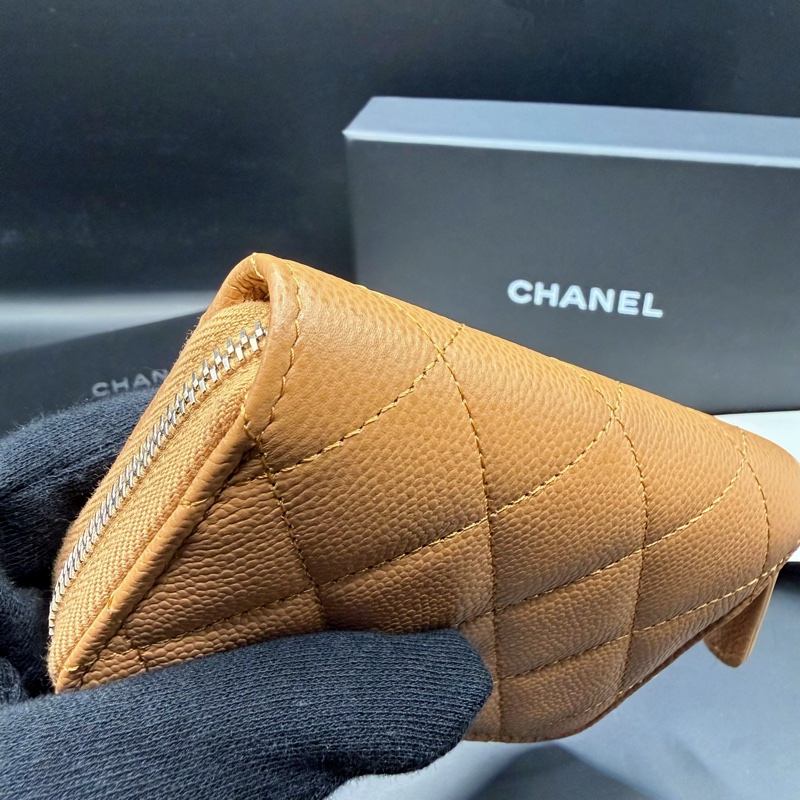 【閒置正品】CHANEL香奈兒✨淡焦糖米色荔枝牛皮x銀LOGO✨ㄇ字經典菱格 拉鍊零錢包 卡包（晶片款）-9