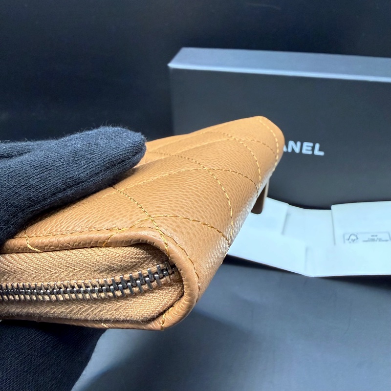 【閒置正品】CHANEL香奈兒✨淡焦糖米色荔枝牛皮x銀LOGO✨ㄇ字經典菱格 拉鍊零錢包 卡包（晶片款）-12