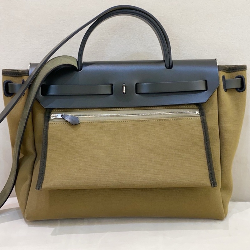 99新 Hermes愛馬仕 herbag31 軍綠色墨綠色拼黑色帆布 D刻 附件鑰匙鎖-2