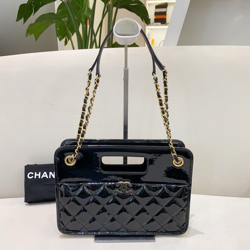 Chanel香奈兒 23s 黑色 漆皮手提郵差包 芯片款-0