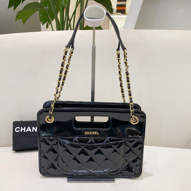 Chanel香奈兒 23s 黑色 漆皮手提郵差包 芯片款-1