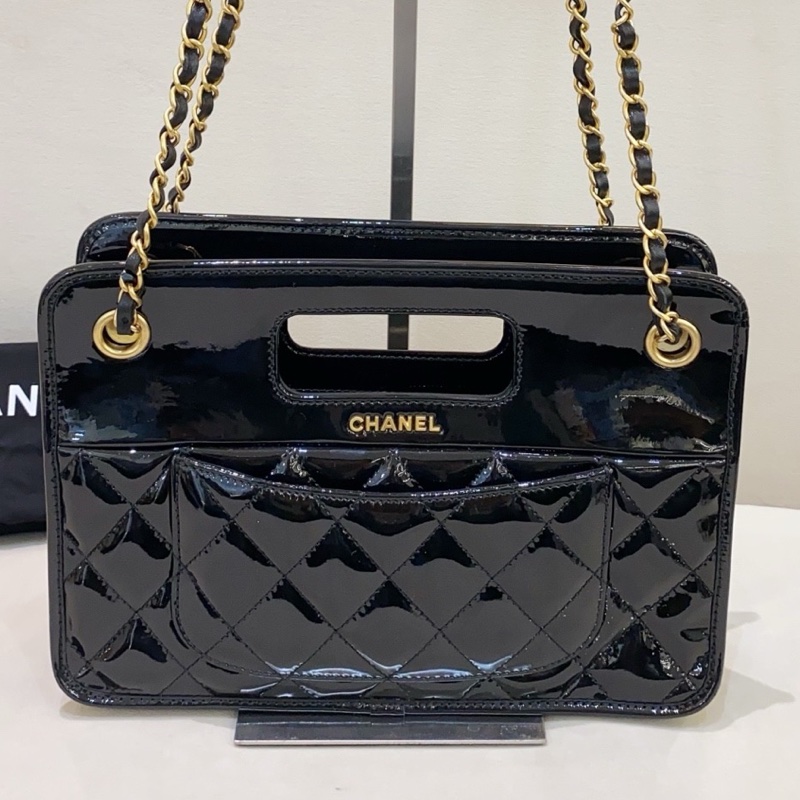 Chanel香奈兒 23s 黑色 漆皮手提郵差包 芯片款-7