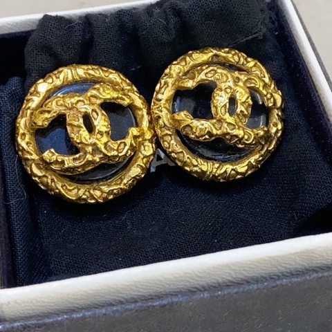 Chanel香奈兒 vintage中古 黑金熔岩雙c耳夾耳釘耳環