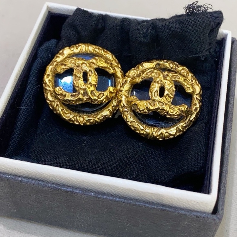 Chanel香奈兒 vintage中古 黑金熔岩雙c耳夾耳釘耳環-1