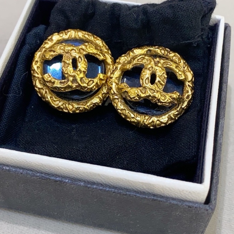 Chanel香奈兒 vintage中古 黑金熔岩雙c耳夾耳釘耳環-2