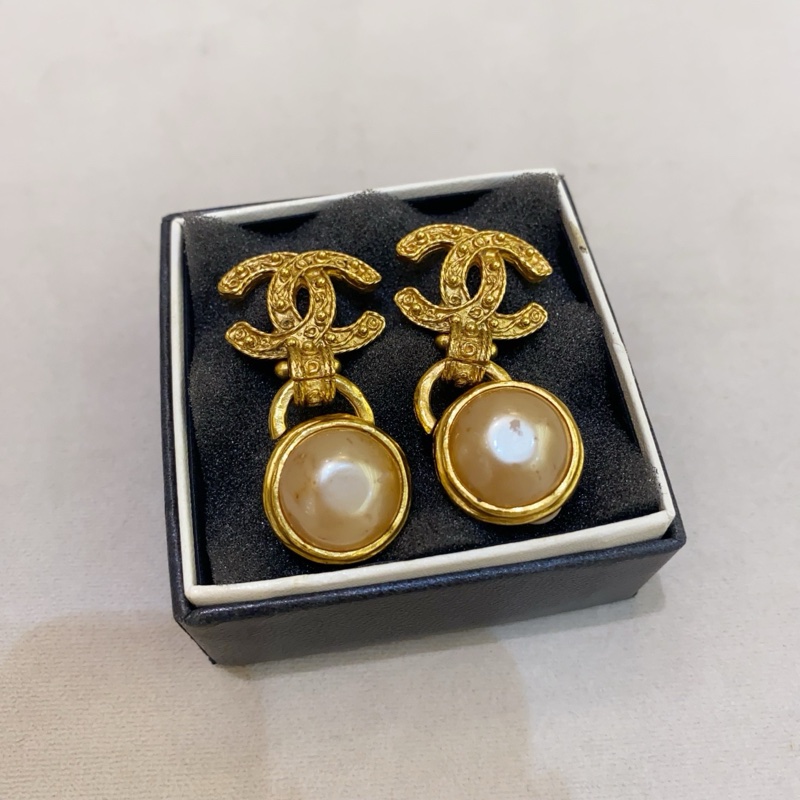 Chanel香奈兒 中古款 葡萄藤耳夾 琉璃珍珠 重工鍍金-0