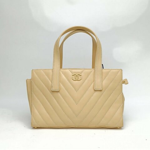 CHANEL 黃色牛皮9開金扣中古V紋托特包肩背包