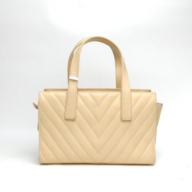 CHANEL 黃色牛皮9開金扣中古V紋托特包肩背包-2