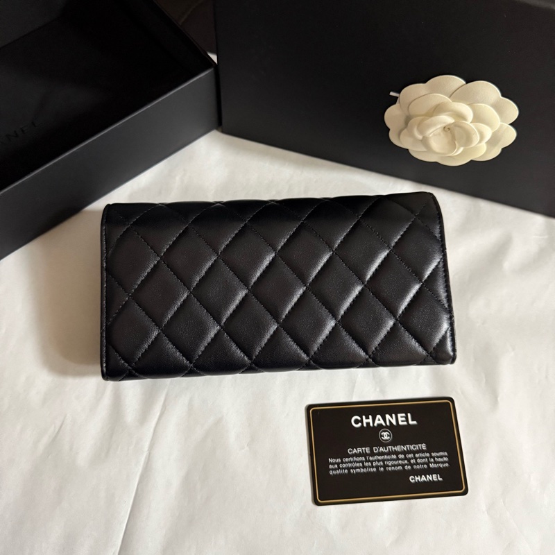 99新chanel香奈兒  黑色銀扣黑銀CF錢包長款錢夾卡包 25開有卡 盒子塵袋-1