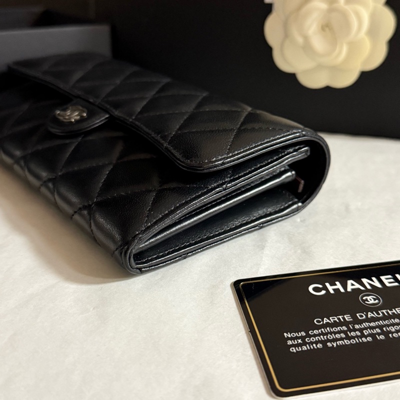 99新chanel香奈兒  黑色銀扣黑銀CF錢包長款錢夾卡包 25開有卡 盒子塵袋-2
