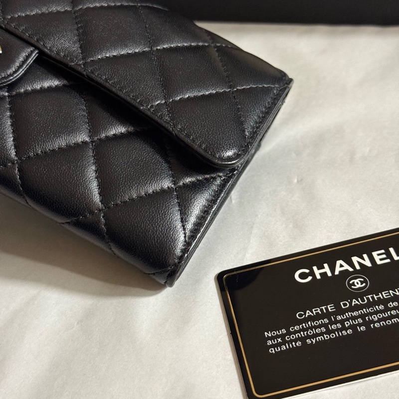 99新chanel香奈兒  黑色銀扣黑銀CF錢包長款錢夾卡包 25開有卡 盒子塵袋-4