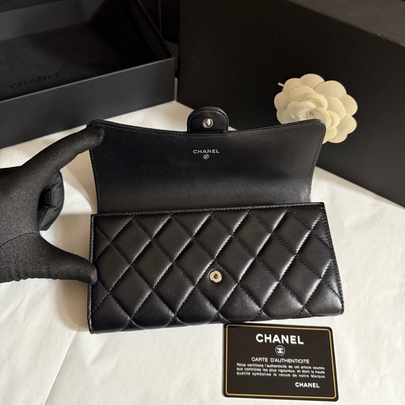 99新chanel香奈兒  黑色銀扣黑銀CF錢包長款錢夾卡包 25開有卡 盒子塵袋-5