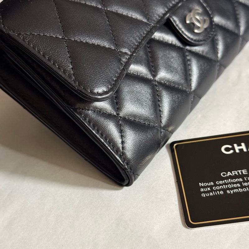 99新chanel香奈兒  黑色銀扣黑銀CF錢包長款錢夾卡包 25開有卡 盒子塵袋-6