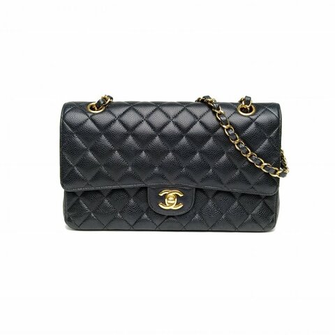 CHANEL CF口蓋包中號黑色荔枝牛皮25開金扣肩背包