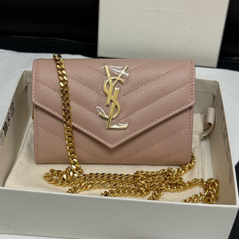 99新 YSL 圣罗兰粉色颗粒纹牛皮经典款钱包卡包已搭配好链条 斜挎单肩都好看 盒子 尘袋-0