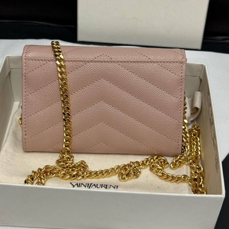 99新 YSL 圣罗兰粉色颗粒纹牛皮经典款钱包卡包已搭配好链条 斜挎单肩都好看 盒子 尘袋-1