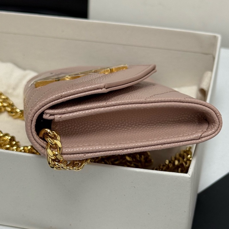 99新 YSL 圣罗兰粉色颗粒纹牛皮经典款钱包卡包已搭配好链条 斜挎单肩都好看 盒子 尘袋-2