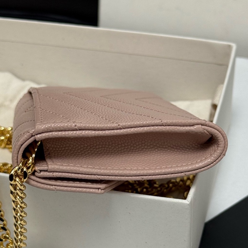 99新 YSL 圣罗兰粉色颗粒纹牛皮经典款钱包卡包已搭配好链条 斜挎单肩都好看 盒子 尘袋-3
