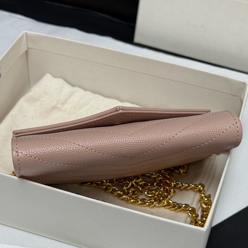 99新 YSL 圣罗兰粉色颗粒纹牛皮经典款钱包卡包已搭配好链条 斜挎单肩都好看 盒子 尘袋-4