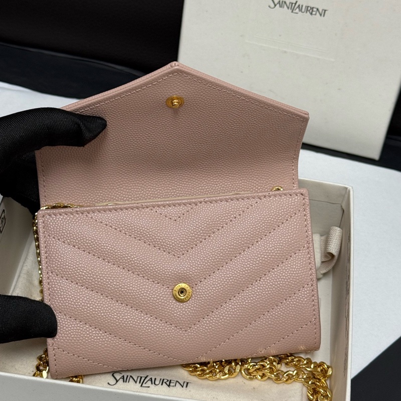 99新 YSL 圣罗兰粉色颗粒纹牛皮经典款钱包卡包已搭配好链条 斜挎单肩都好看 盒子 尘袋-5