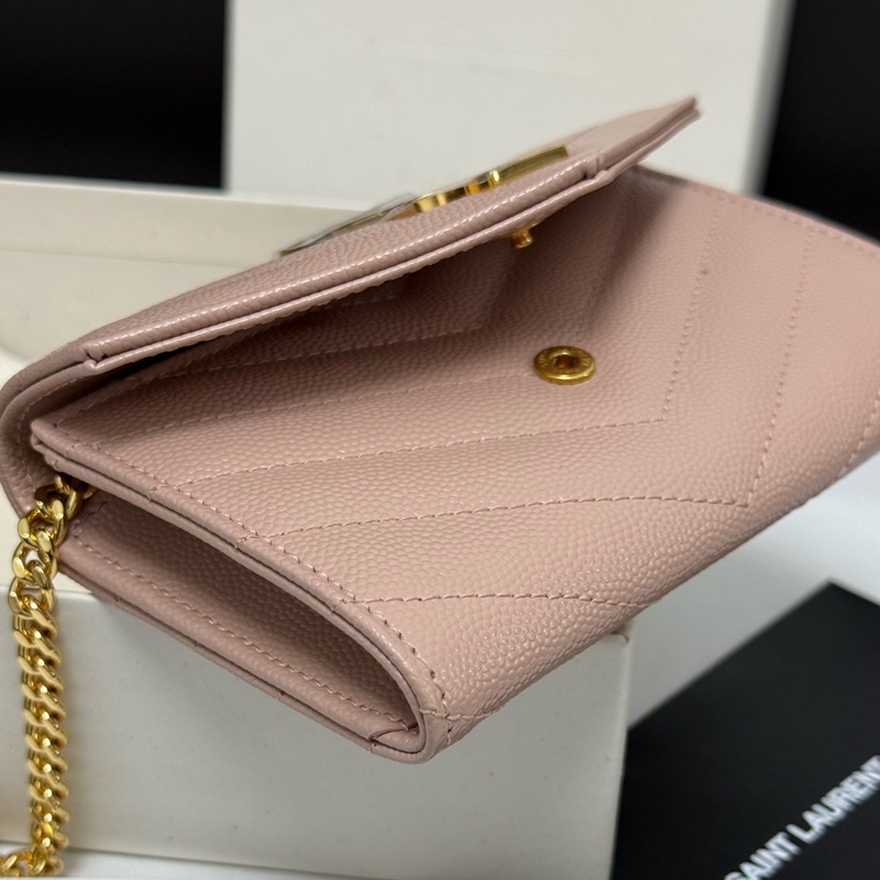99新 YSL 圣罗兰粉色颗粒纹牛皮经典款钱包卡包已搭配好链条 斜挎单肩都好看 盒子 尘袋-6