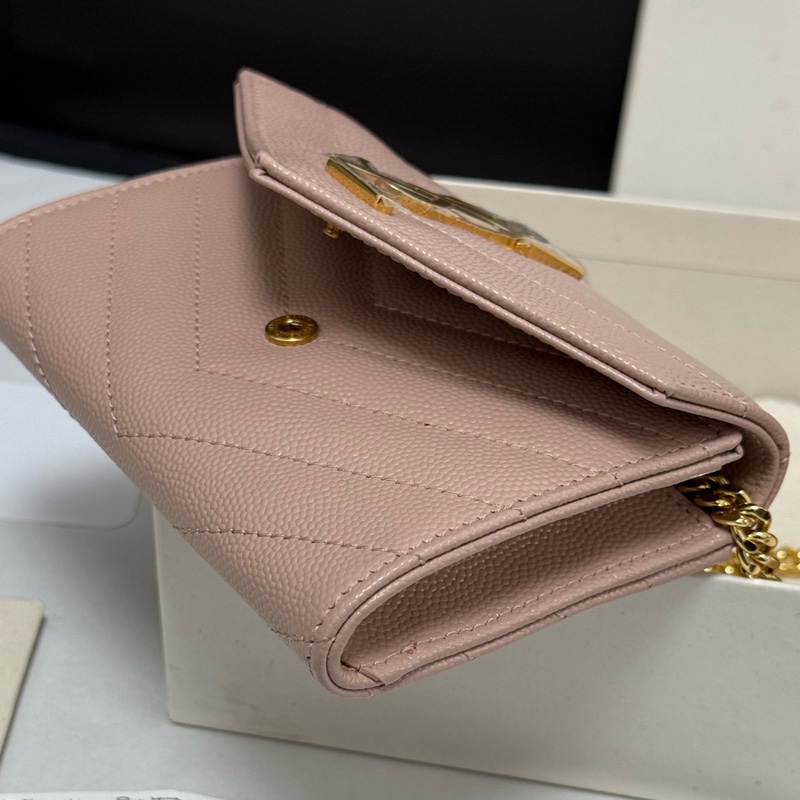 99新 YSL 圣罗兰粉色颗粒纹牛皮经典款钱包卡包已搭配好链条 斜挎单肩都好看 盒子 尘袋-7