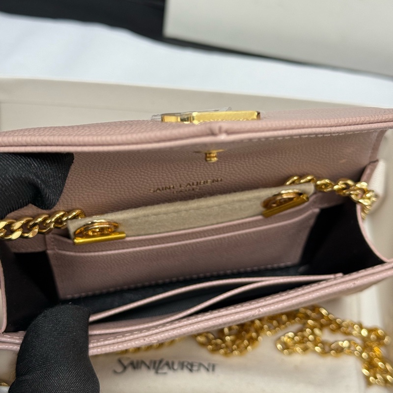 99新 YSL 圣罗兰粉色颗粒纹牛皮经典款钱包卡包已搭配好链条 斜挎单肩都好看 盒子 尘袋-8