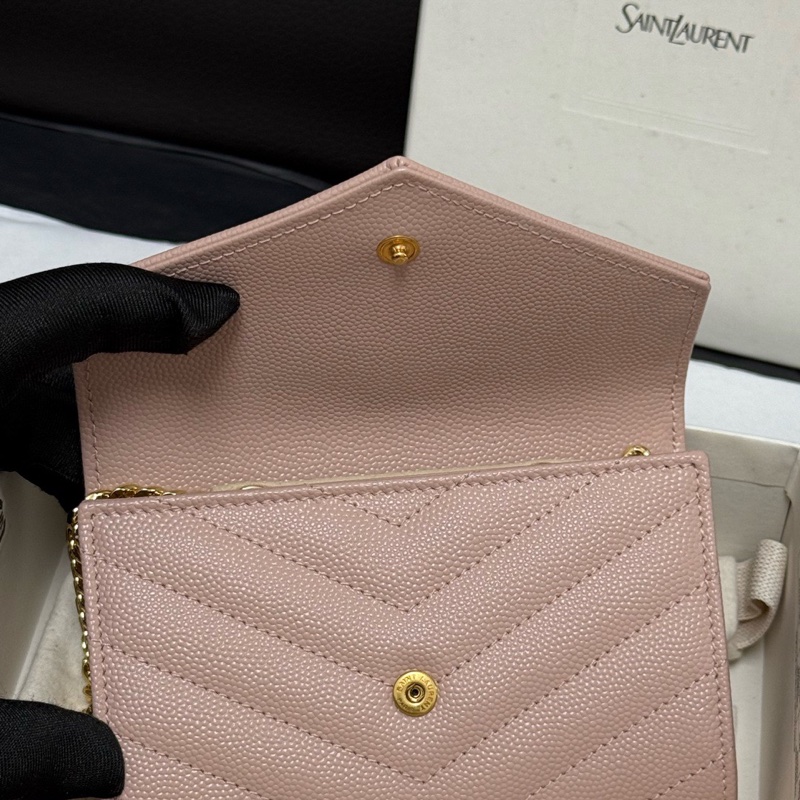 99新 YSL 圣罗兰粉色颗粒纹牛皮经典款钱包卡包已搭配好链条 斜挎单肩都好看 盒子 尘袋-9