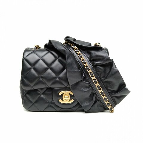 CHANEL 20KCF口蓋包黑色羊皮30開金扣荷葉皮穿鏈肩背包