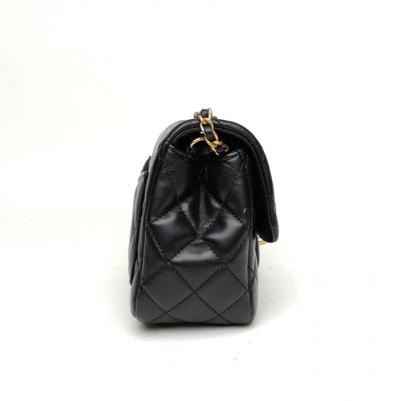 CHANEL 20KCF口蓋包黑色羊皮30開金扣荷葉皮穿鏈肩背包-3